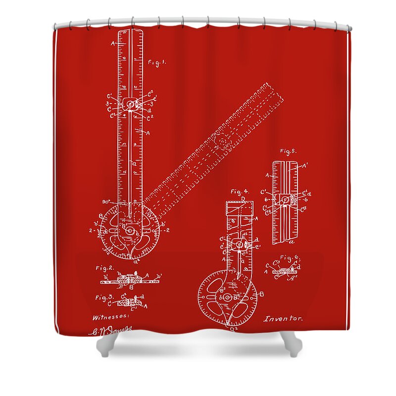 1909 Combination Drafting Instrument Patent Print Shower Curtain featuring the drawing 1909 Combination Drafting Instrument Red Patent Print by Greg Edwards