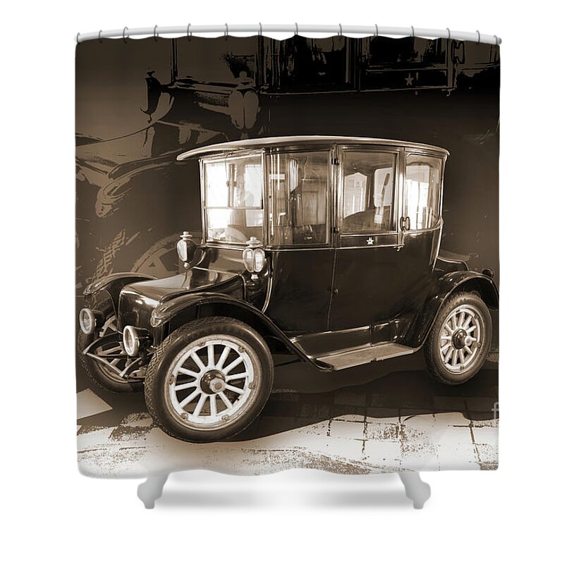 Auto Shower Curtain featuring the digital art 1914 Detroit Electric - Monochrome by Anthony Ellis