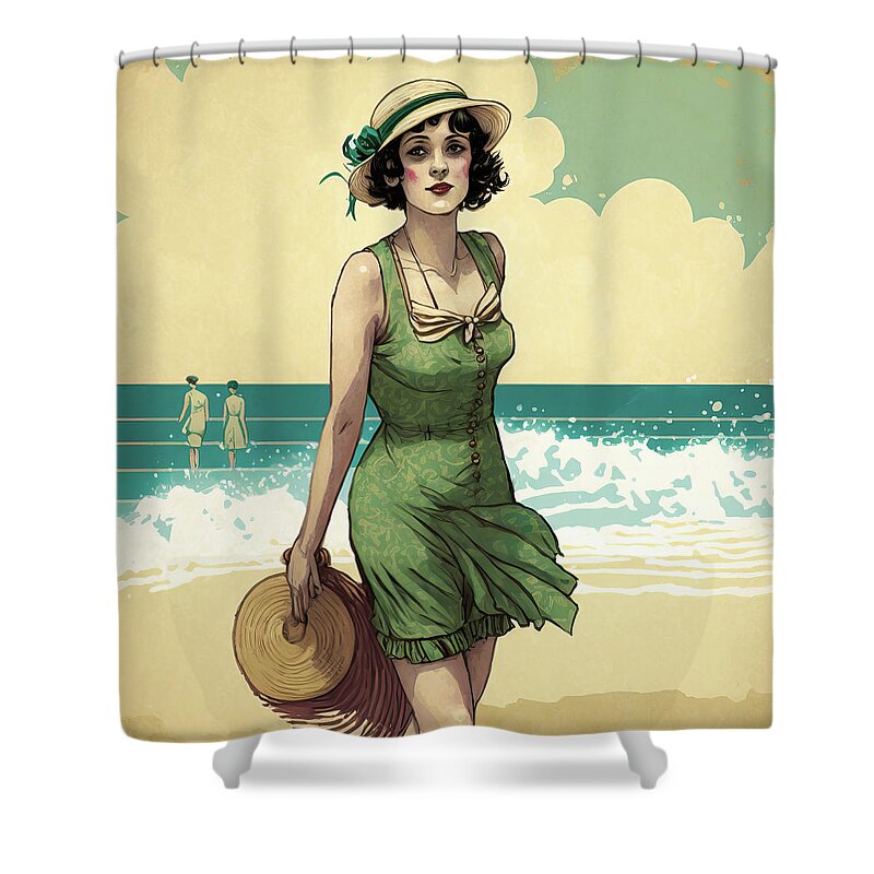 Flapper Shower Curtain featuring the digital art 1920s Flapper Woman at the Beach 01 by Matthias Hauser