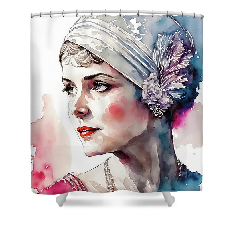 Woman Shower Curtain featuring the digital art 1920s Flapper Woman Watercolor 07 by Matthias Hauser