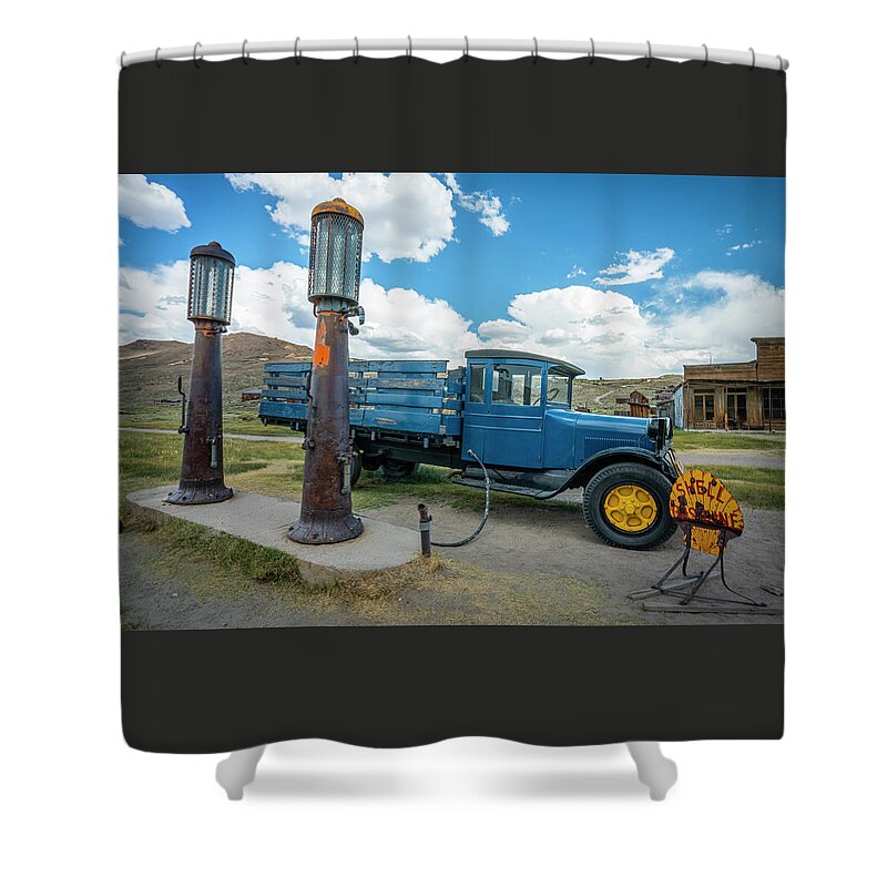 Bodie Shower Curtain featuring the photograph 1930s Ford Model AA Bodie Gas Station by Ron Long Ltd Photography