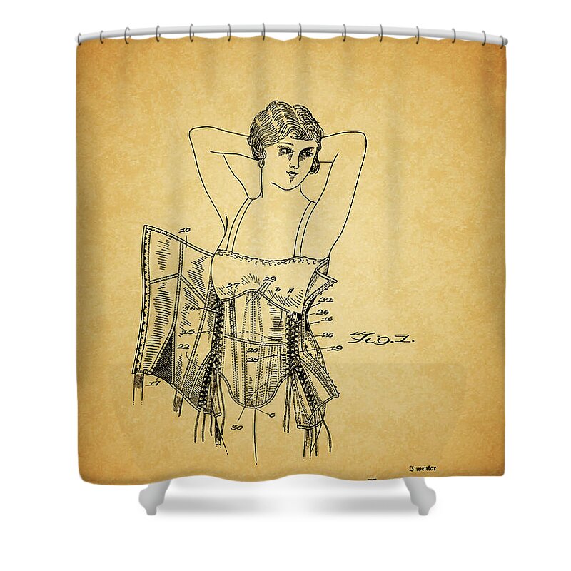 1934 Corset Patent Shower Curtain featuring the drawing 1934 Corset Patent by Dan Sproul