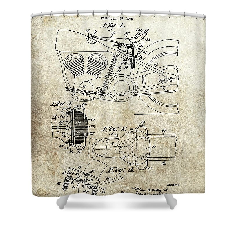 1934 Motorcycle Saddle Patent Shower Curtain featuring the drawing 1934 Motorcycle Saddle Patent by Dan Sproul