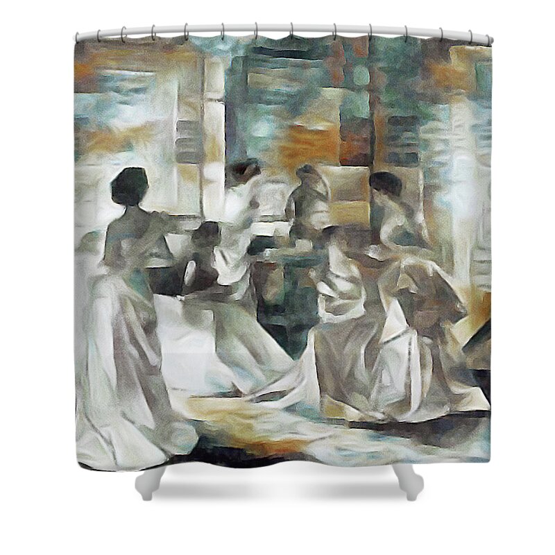 1940s Charles James Evening Gowns Shower Curtain featuring the mixed media 1940s Charles James Evening Gowns by Susan Maxwell Schmidt