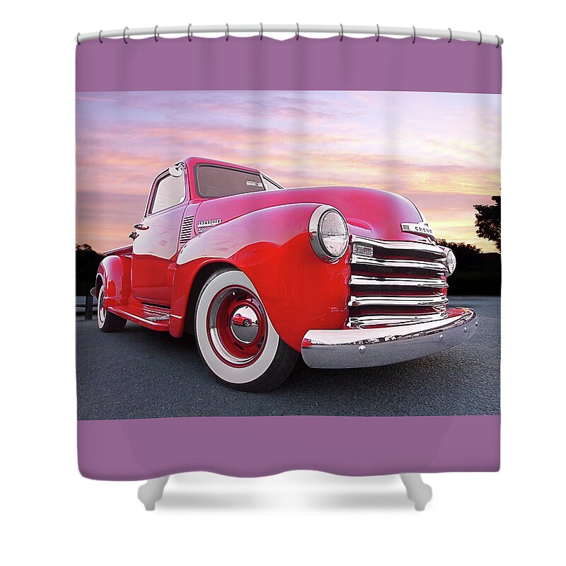 Chevrolet Truck Shower Curtain featuring the photograph 1950 Chevy Pick Up At Sunset by Gill Billington