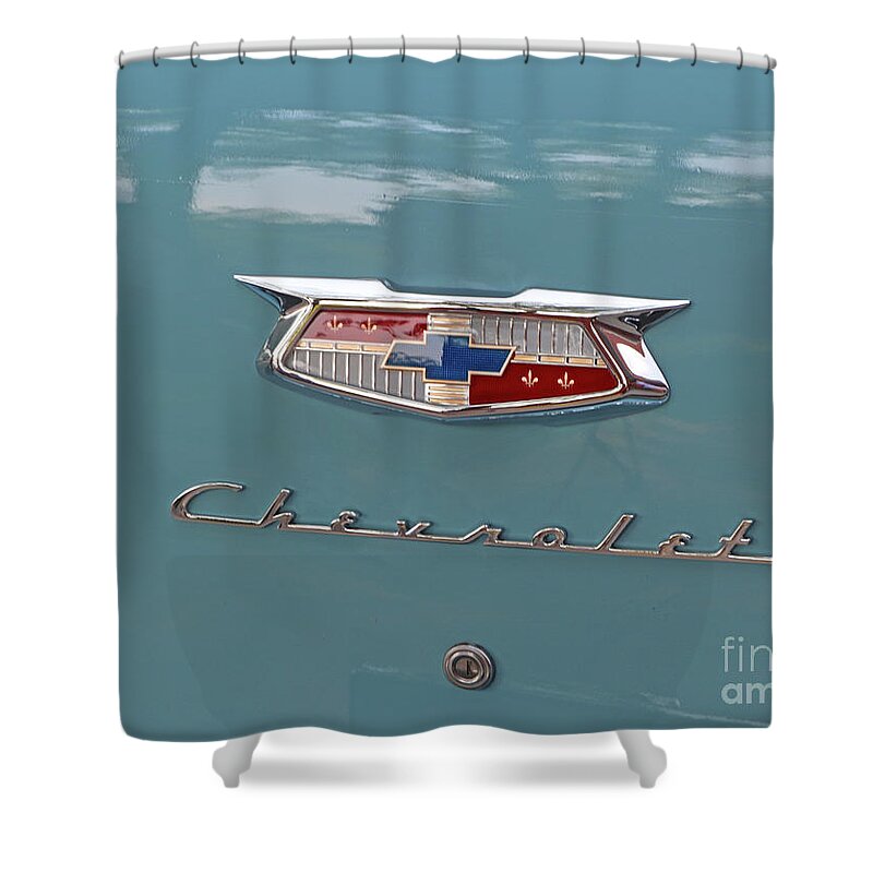 1954 Shower Curtain featuring the photograph 1954 Chevy Emblem 9581 by Jack Schultz