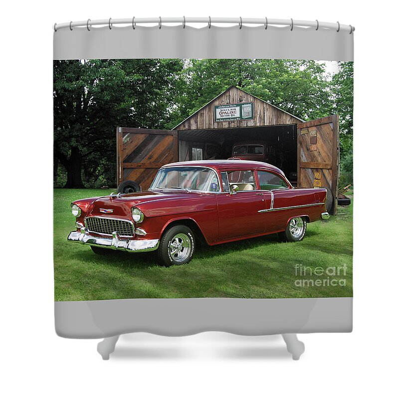 1955 Shower Curtain featuring the photograph 1955 Chevy 210 At Oman's Garage by Ron Long