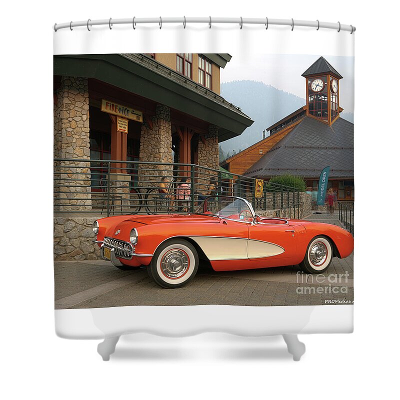 South Lake Tahoe Shower Curtain featuring the photograph 1956 C1 Chevrolet Corvette by PROMedias US