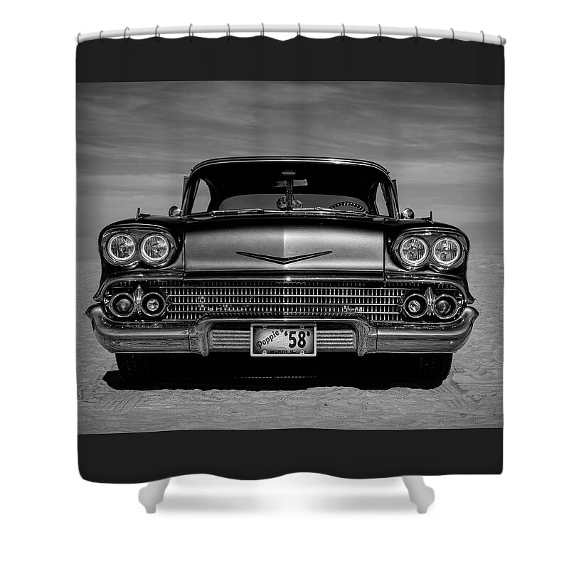 1958 Shower Curtain featuring the photograph 1958 Chevy On The Beach BW by Kristia Adams