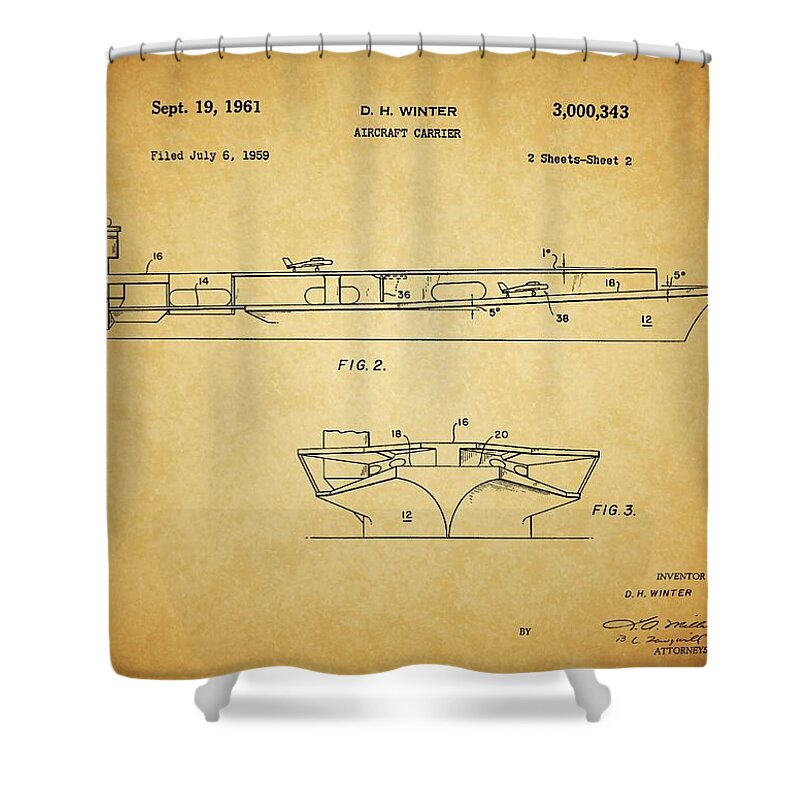 1961 Aircraft Carrier Patent Shower Curtain featuring the drawing 1961 Aircraft Carrier Patent by Dan Sproul