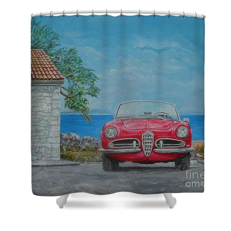 Classic Cars Painting Shower Curtain featuring the painting 1962 Alfa Romeo Giulietta Spider Veloce by Sinisa Saratlic