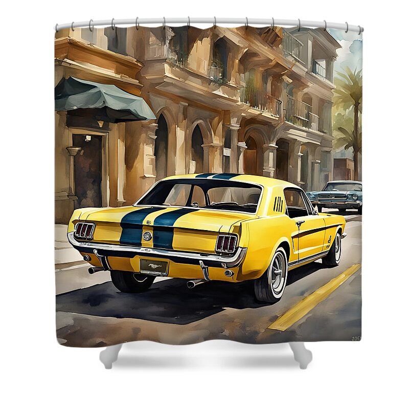 1965 Shower Curtain featuring the digital art 1965 yellow Mustang by Greg Joens