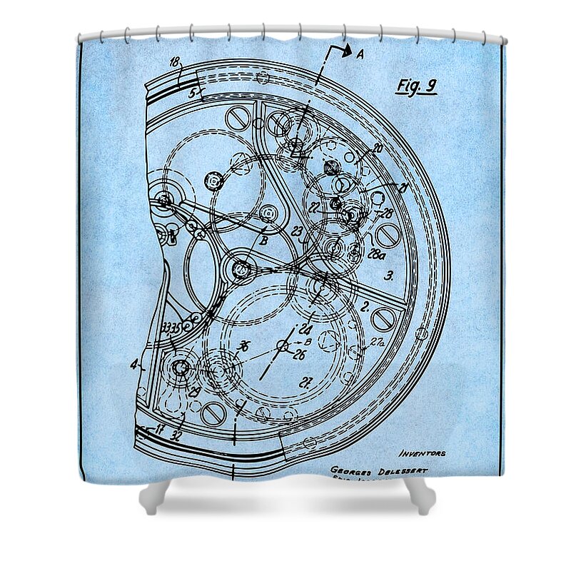 1966 Self Winding Watch Movement Patent Print Shower Curtain featuring the drawing 1966 Self Winding Watch Movement Light Blue Patent Print by Greg Edwards
