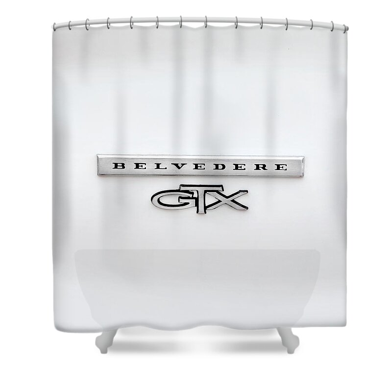 1967 White Plymouth Shower Curtain featuring the photograph 1967 White Plymouth Belvedere GTX 440 Emblem X150 by Rich Franco
