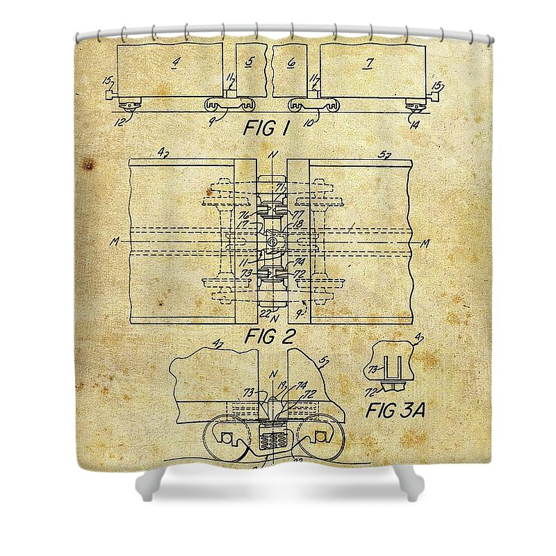 1968 Railway Car Patent Shower Curtain featuring the drawing 1968 Railway Car Patent by Dan Sproul