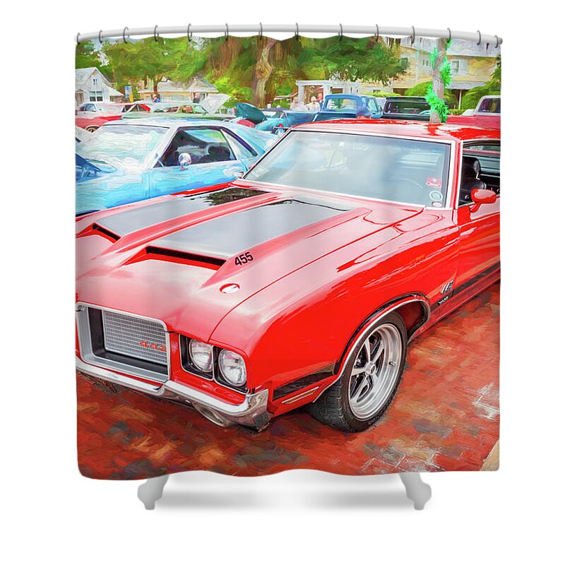 Red 1971 Oldsmobile 442 W30 Shower Curtain featuring the photograph 1971 Red Oldsmobile 442 W30 X123 by Rich Franco