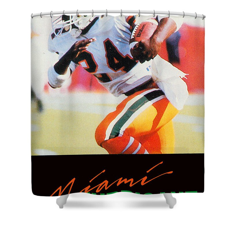 Miami Hurricanes Football Shower Curtain featuring the mixed media 1987 Miami Hurricane Football by Row One Brand