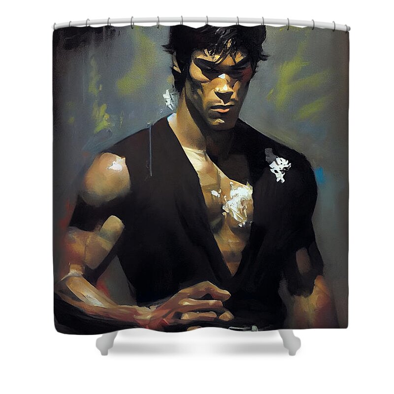 Beautiful Impressionist Painting Of Bruce Lee Art Shower Curtain featuring the painting Beautiful Impressionist painting of Bruce Lee a by Asar Studios #2 by Celestial Images