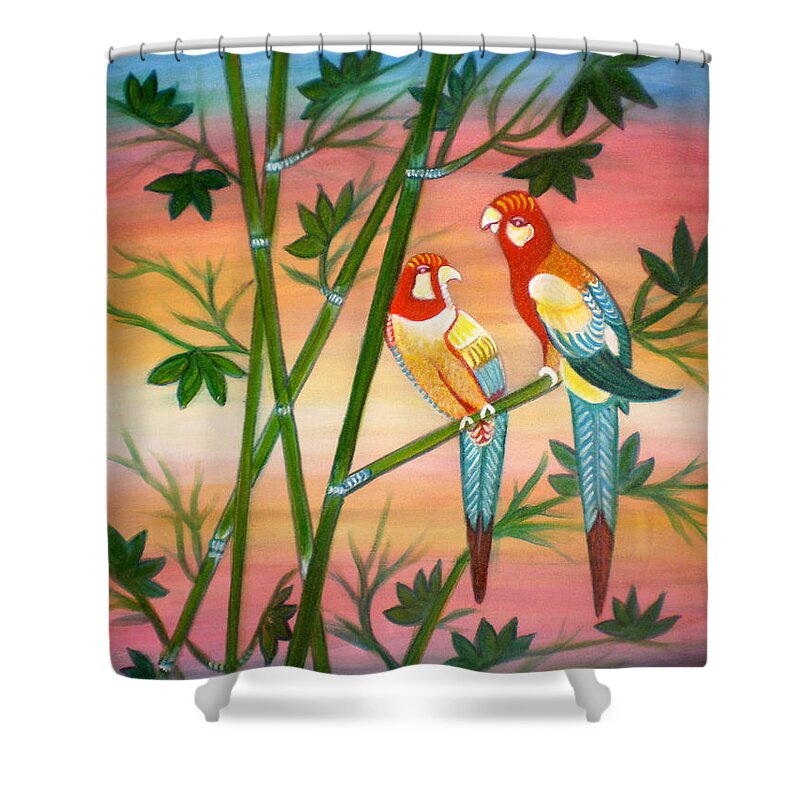 Acrylic Shower Curtain featuring the painting Birds in Paradise by Manjiri Kanvinde