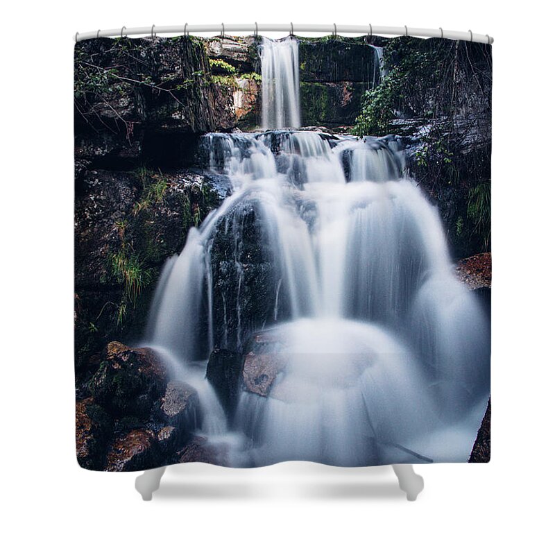 Jizera Mountains Shower Curtain featuring the photograph Cascade of two large waterfalls on the small river Jedlova by Vaclav Sonnek