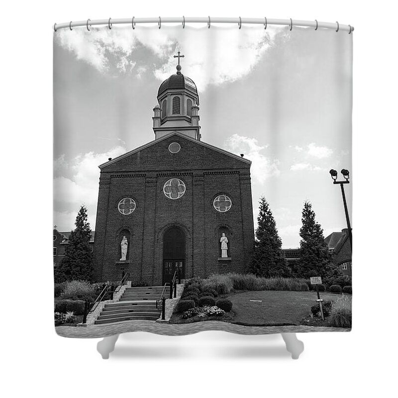 Private College Shower Curtain featuring the photograph Chapel of the Immaculate Conception at the University of Dayton in black and white #2 by Eldon McGraw