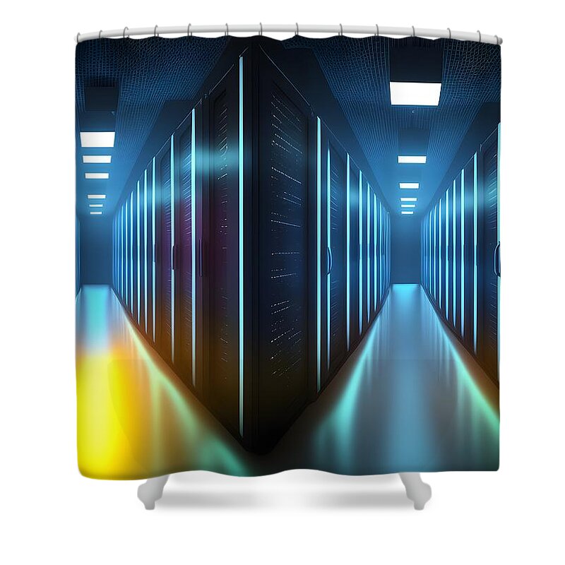 Digital Shower Curtain featuring the digital art Data Center Server Room, Generative AI Illustration #2 by Miroslav Nemecek