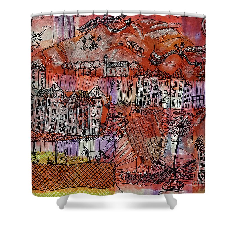 Houses Shower Curtain featuring the mixed media 2 Dragons and a Unicorn by Mimulux Patricia No