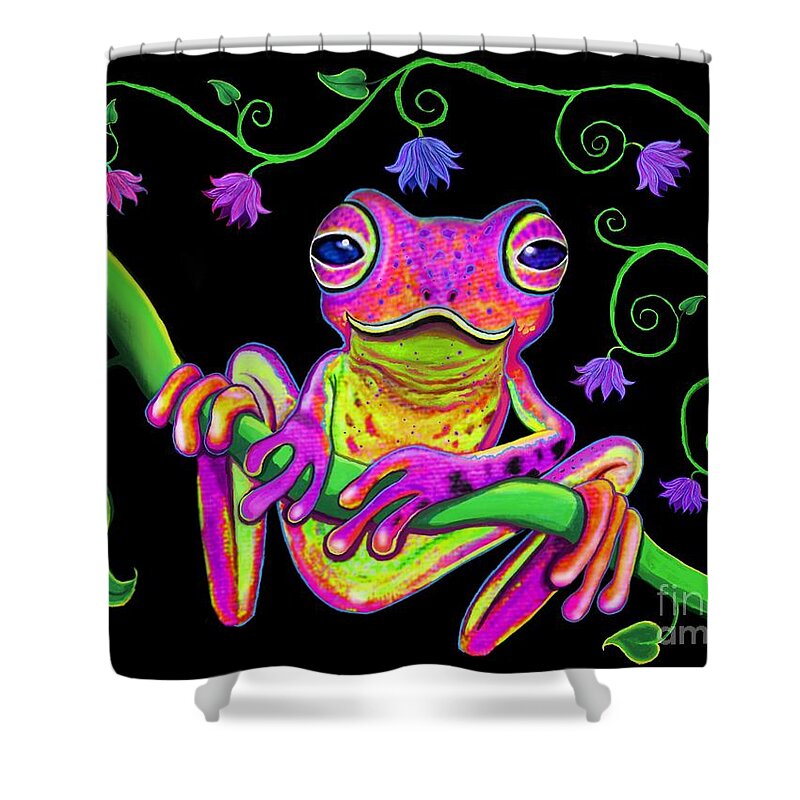 Frogs Shower Curtain featuring the digital art Frog and Flowers #1 by Nick Gustafson
