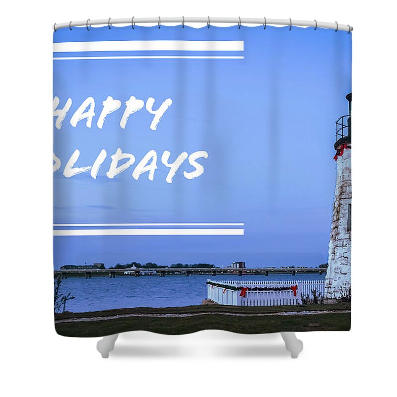 Happy Holidays From Goat Island Lighthouse Shower Curtain featuring the photograph Happy Holidays from Goat Island Lighthouse by Christina McGoran