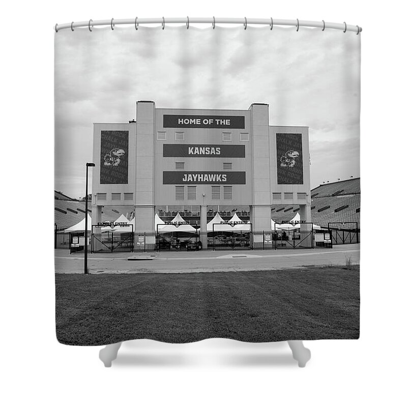 Kansas Jayhawks Stadium Shower Curtain featuring the photograph Kansas Jayhawks football stadium in black and white by Eldon McGraw