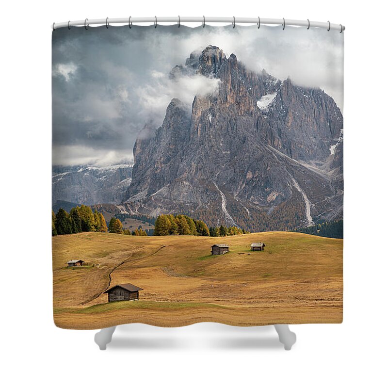 Alpe Di Siusi Shower Curtain featuring the photograph Landscape with beautiful autumn meadow field and the amazing Dolomite rocky peaks. Valley of Alpe di siusi Seiser Alm South Tyrol Italy. #2 by Michalakis Ppalis