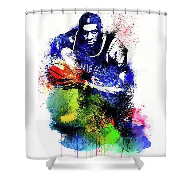 Lebron James Shower Curtain featuring the mixed media Lebron James Watercolor #2 by Naxart Studio