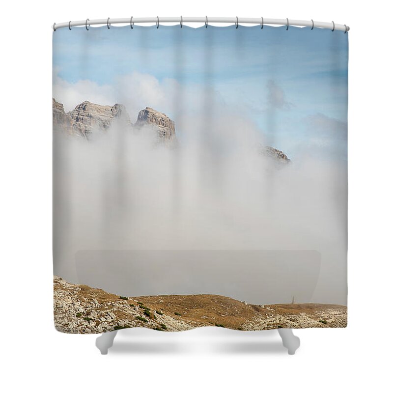 Tre Cime Shower Curtain featuring the photograph Mountain landscape with fog in autumn. Tre Cime dolomiti Italy. by Michalakis Ppalis