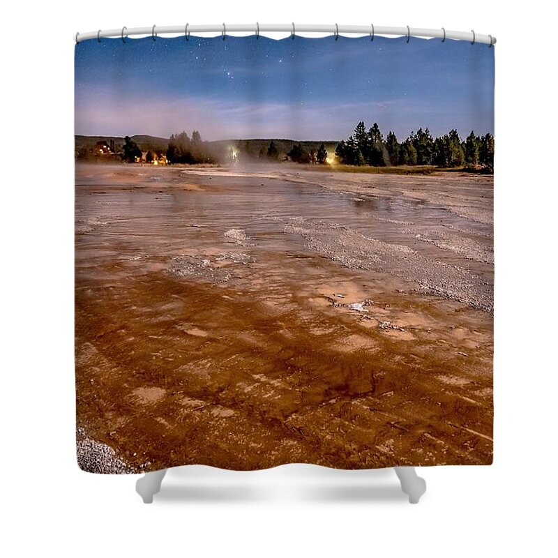 National Park Shower Curtain featuring the photograph Night Photo Os Old Faithful Geisers In Yellowstone National Park #2 by Alex Grichenko
