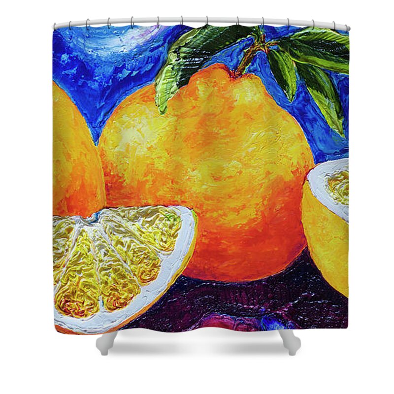 Oranges Shower Curtain featuring the painting Paris' Oranges by Paris Wyatt Llanso