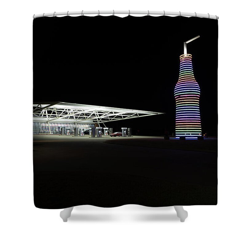  Shower Curtain featuring the photograph Pops 66 Soda Ranch in Arcadia Oklahoma at night by Eldon McGraw