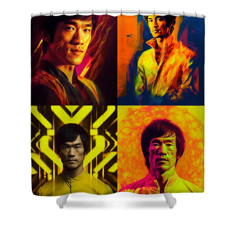 Portrait Of Bruce Lee  Surreal Cinematic Minima Art Shower Curtain featuring the painting Portrait of Bruce Lee  Surreal Cinematic Minima by Asar Studios #2 by Celestial Images