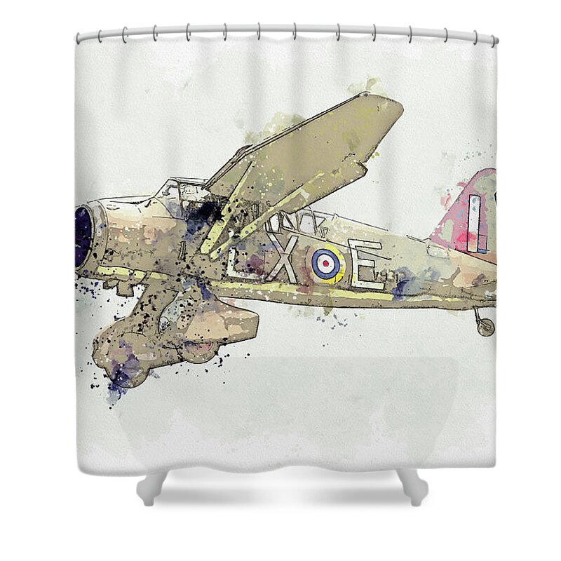 Plane Shower Curtain featuring the painting RAF Westland Lysander V G-CCOM Vintage Aircraft - Classic War Birds - Planes watercolor by Ahmet Asa #2 by Celestial Images