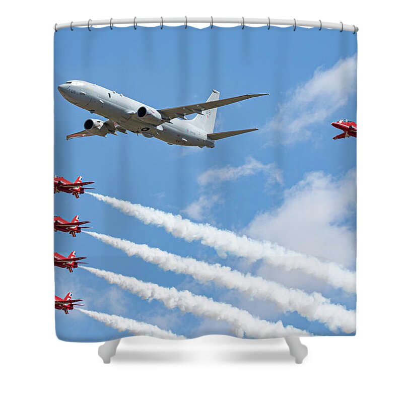 P 8 Poseidon Shower Curtain featuring the photograph Red Arrows and P8 Poseidon by Airpower Art