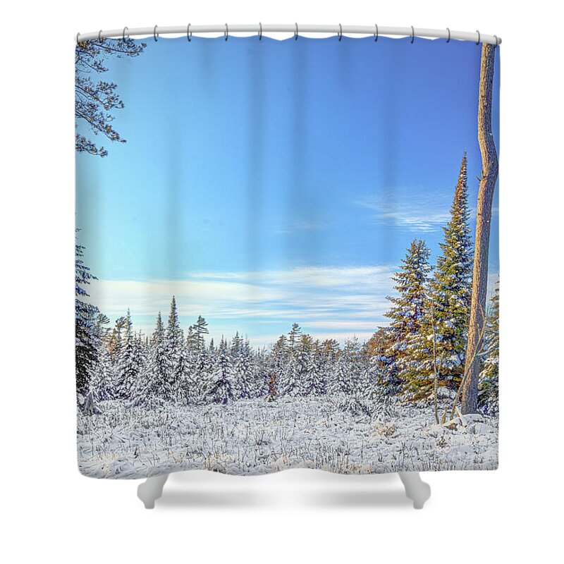 #winter #landscape #photograph #fine Art #door County #wisconsin #midwest #wall Décor #wall Art #hiking #walking #long Exposure #focus Stacking #hdr Photography #adventure #outside #environment #outdoor Lover #snow #ice #cold #snowshoeing # Cross Country Skiing   Shower Curtain featuring the photograph Remains Of The Day #2 by David Heilman