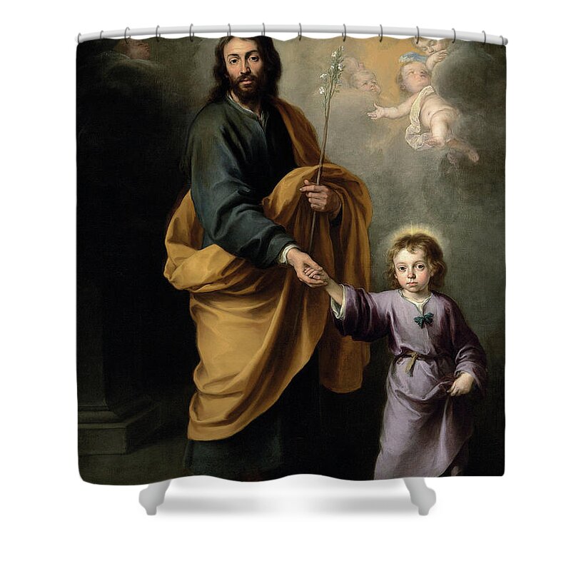 Murillo Shower Curtain featuring the painting Saint Joseph and the Christ Child by Bartolome Esteban Murillo
