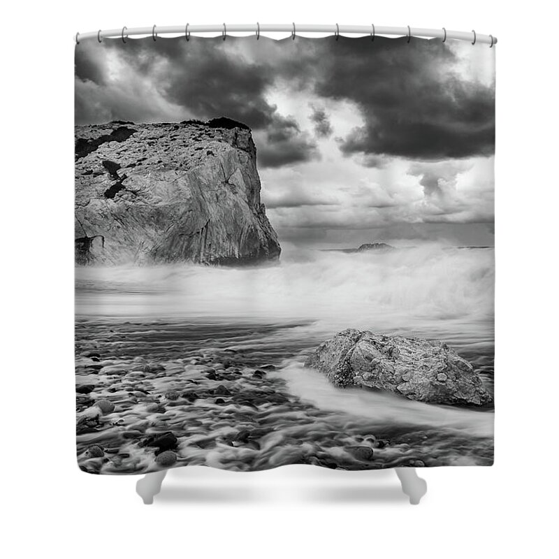 Seascape Shower Curtain featuring the photograph Seascape with windy waves during stormy weather. by Michalakis Ppalis