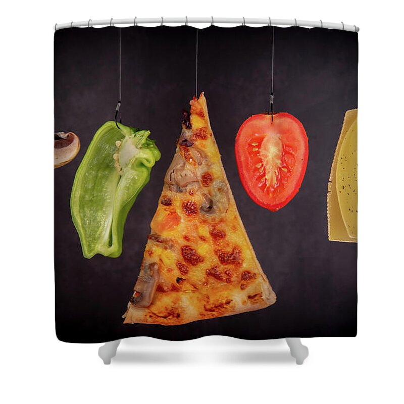 Pizza Shower Curtain featuring the photograph Slice of mozzarella pizza tomato cheese peeper and mushroom ingredients #1 by Michalakis Ppalis