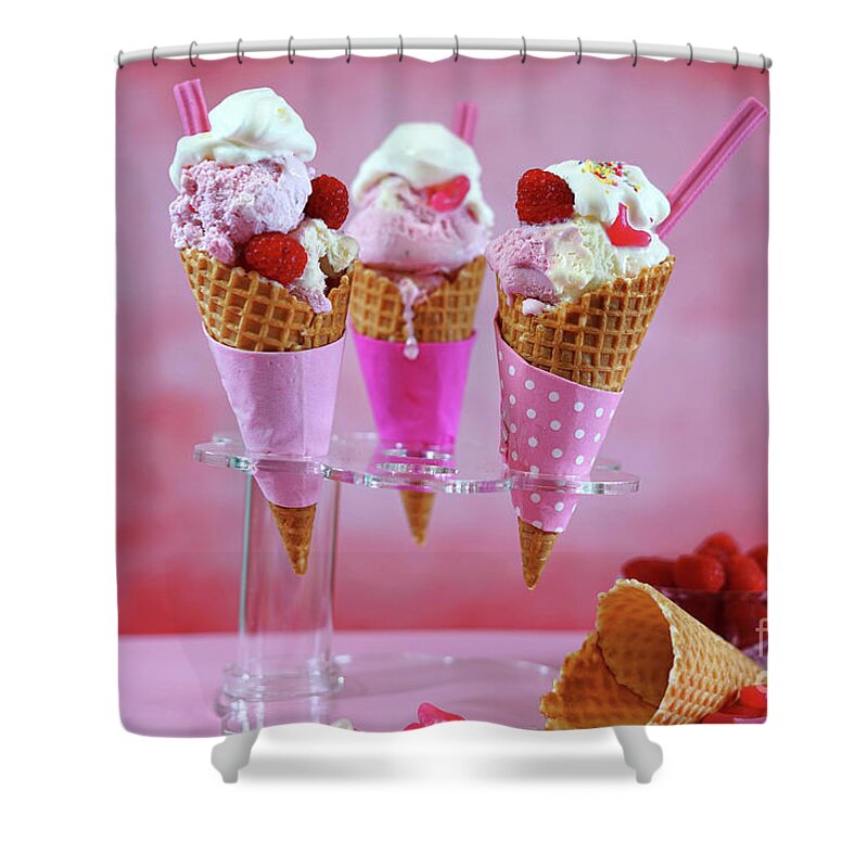 Background Shower Curtain featuring the photograph Summertime pink ice cream cones #2 by Milleflore Images
