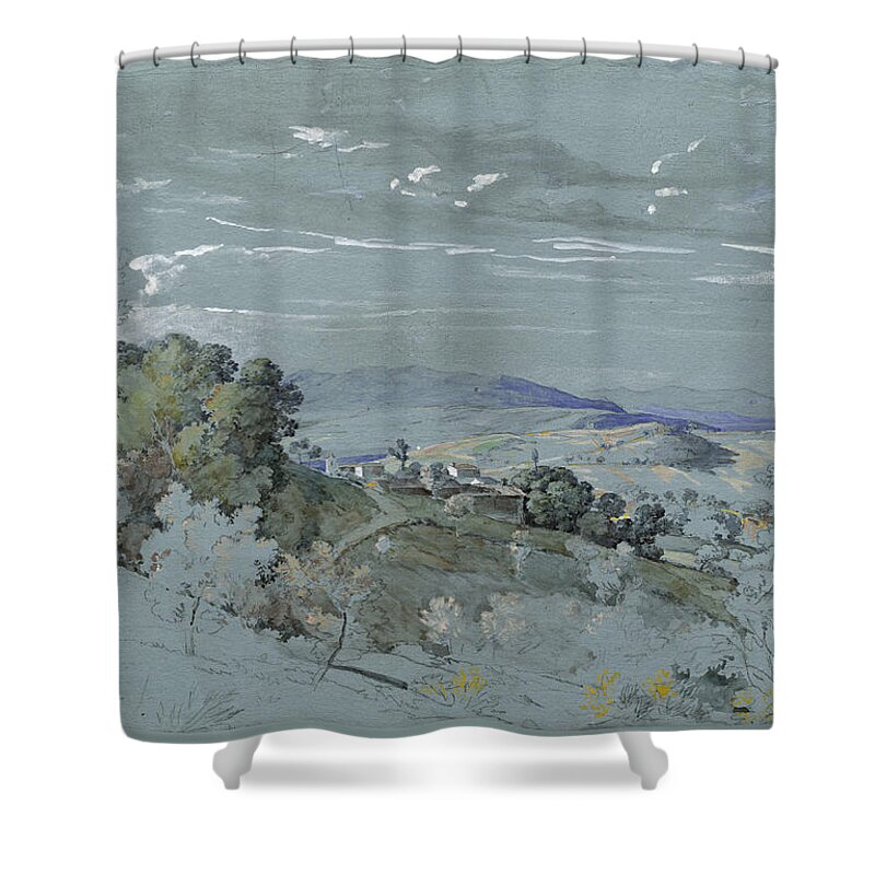 Johann Georg Von Dillis Shower Curtain featuring the drawing The Hills of Umbria near Perugia by Johann Georg von Dillis