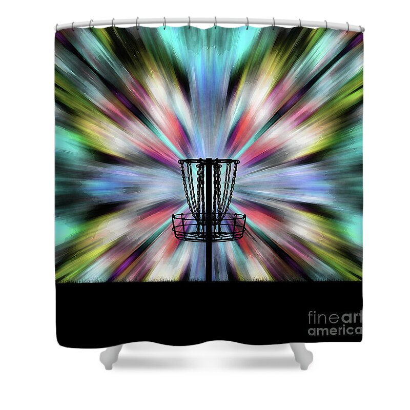 Disc Golf Shower Curtain featuring the digital art Tie Dye Disc Golf Basket by Phil Perkins