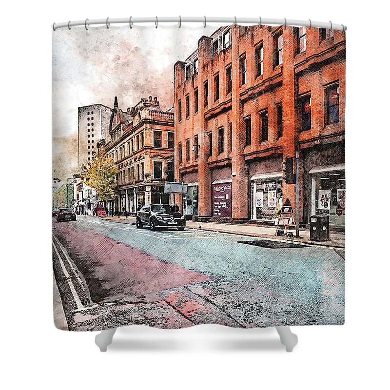 Manchester Shower Curtain featuring the digital art Manchester city watercolor #20 by Justyna Jaszke JBJart