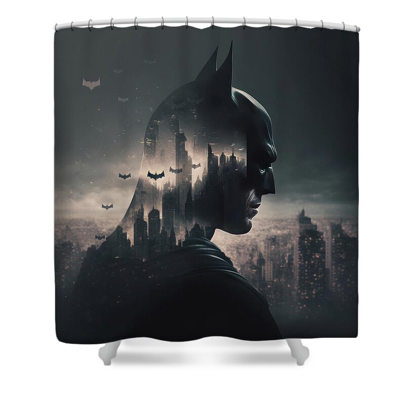 Artificial Intelligence Shower Curtain featuring the photograph Stunning psychedelic Batman creative concept art #21 by Matthew Gibson