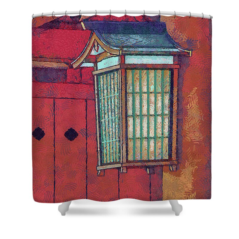 Abstract Shower Curtain featuring the mixed media 224 Wood Lantern Fushimi Inari Taisha Shrine, Koto, Japan by Richard Neuman Architectural Gifts