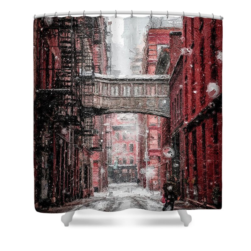 Building Shower Curtain featuring the digital art Winter Story #228 by TintoDesigns